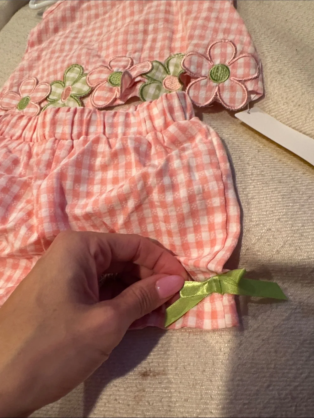 SHEIN Pink Gingham Floral Trim Kids Matching Set
